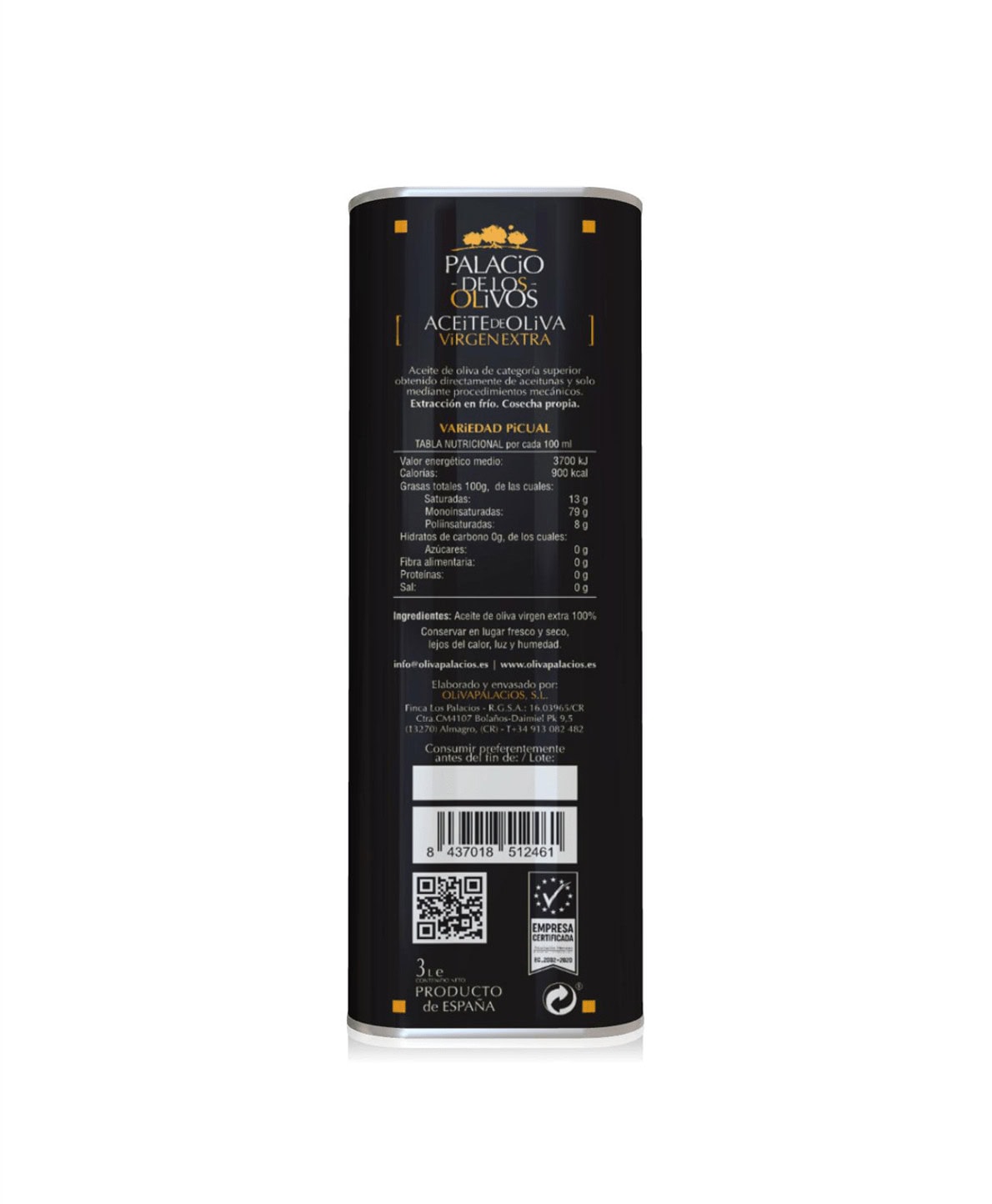 Caja de 4 Latas de 3L Palacio de Los Olivos Picual (35,95€/ud) - Imagen 3